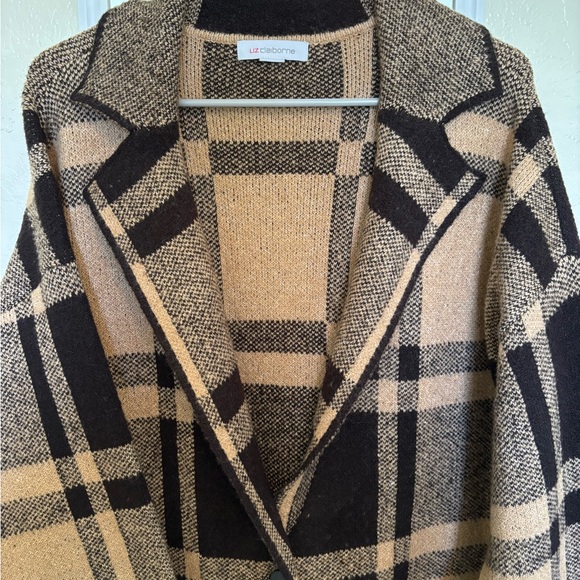 NWOT Liz Claiborne Black and Tan Knit Plaid Sweater Coat Women’s Size Large - Picture 2 of 4